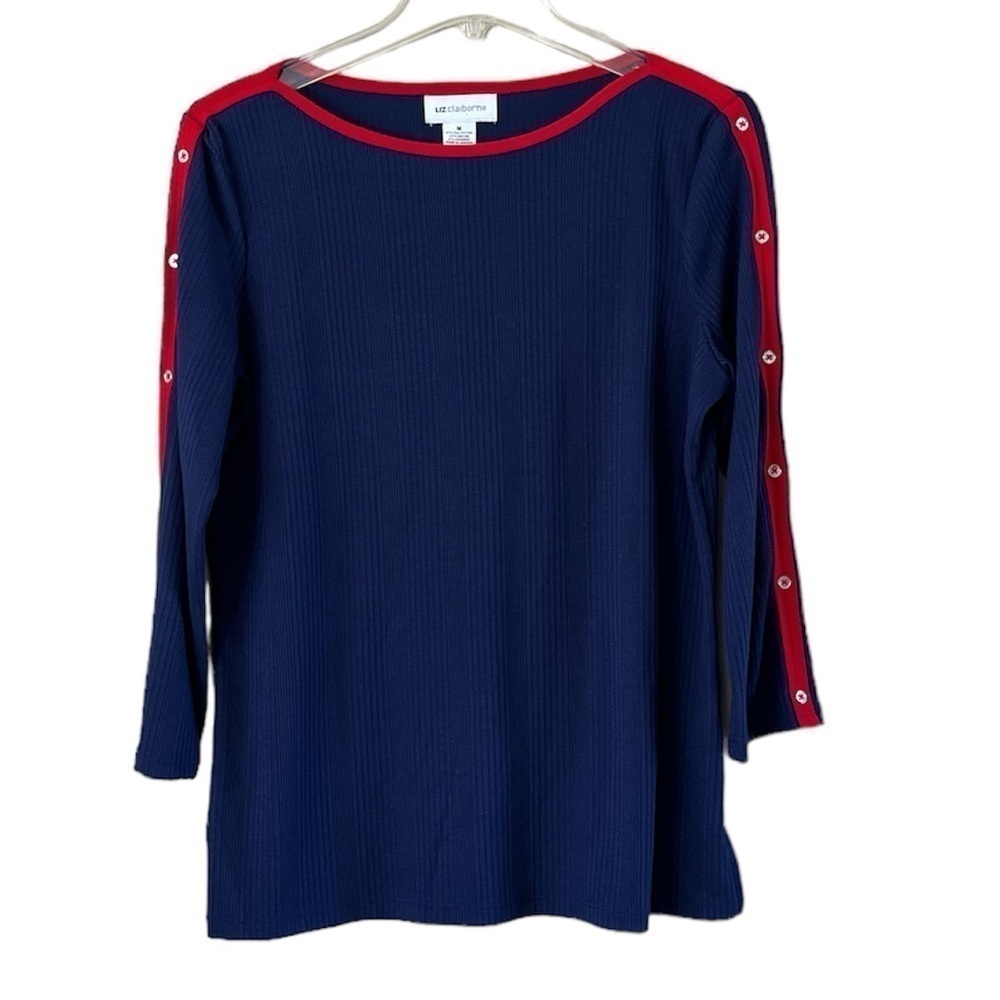 Liz Clairborne Blue Knit Top Red Trim Buttons On Sleeve Size Medium Round Neck